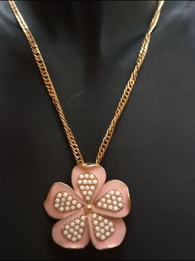 J. Crew Gold-Tone Pink Flower Pendant Necklace with Pearl Accent